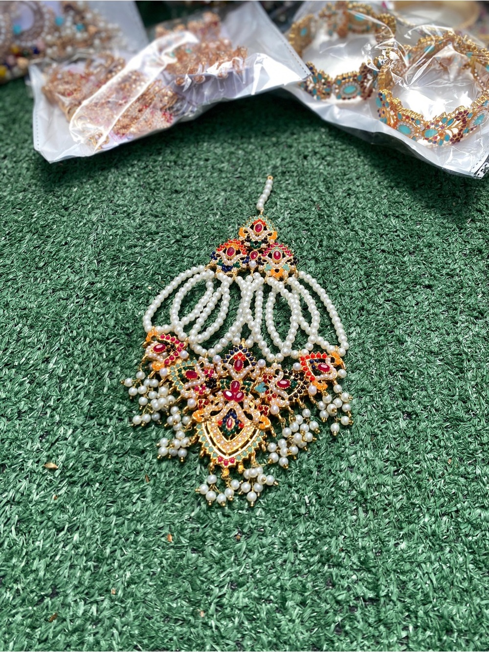 Traditional Gold-Tone Pearl and Red Stone Maang jumbar- Women Jewelry